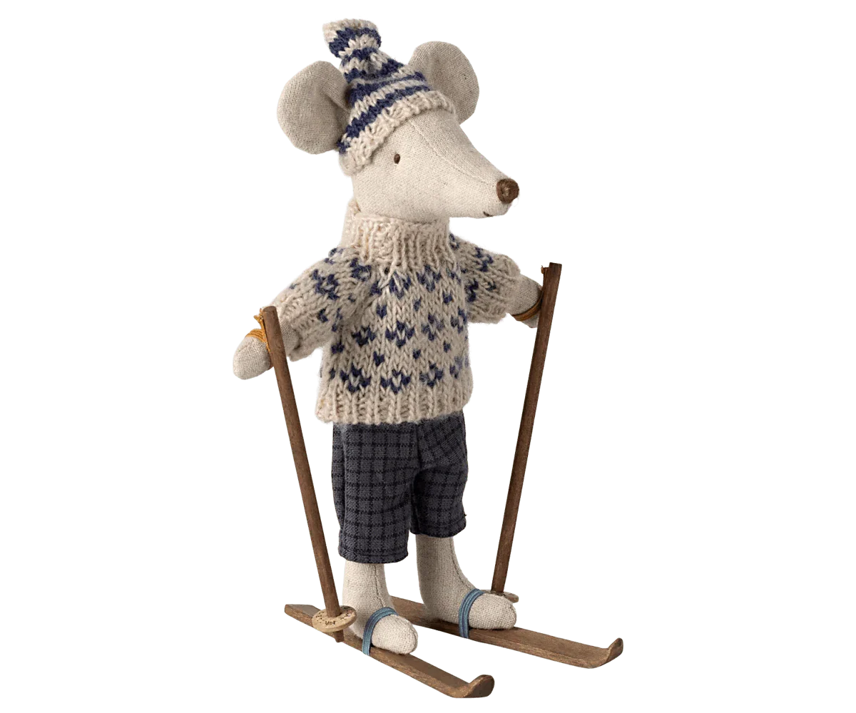 Maileg Winter mouse with ski set, Dad - Blue