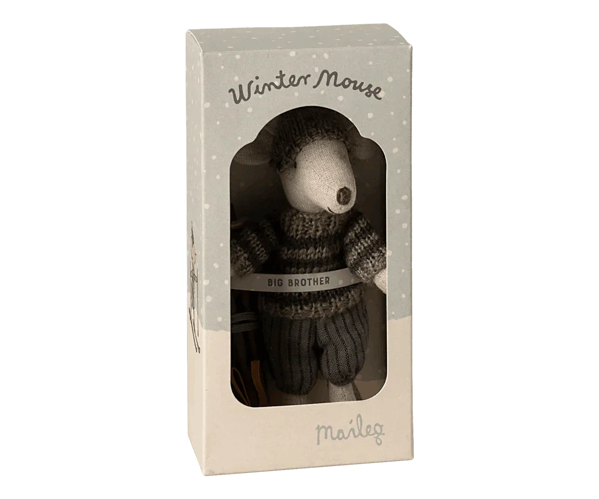 Maileg Winter mouse with ski set, Big brother - Grey