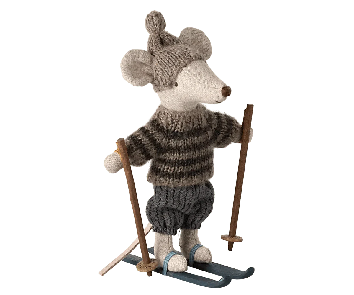 Maileg Winter mouse with ski set, Big brother - Grey