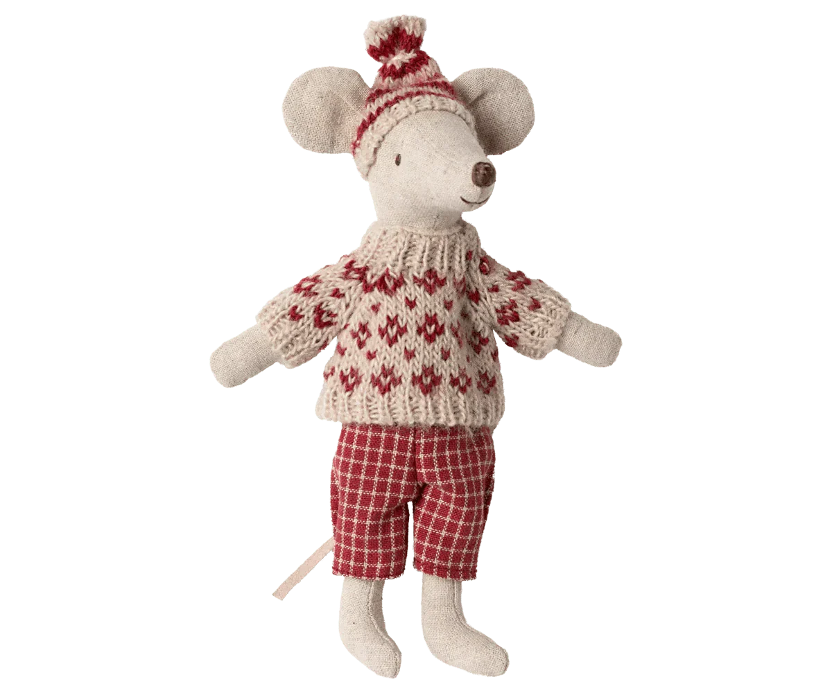 Maileg Winter mouse with ski set, Mum - Red