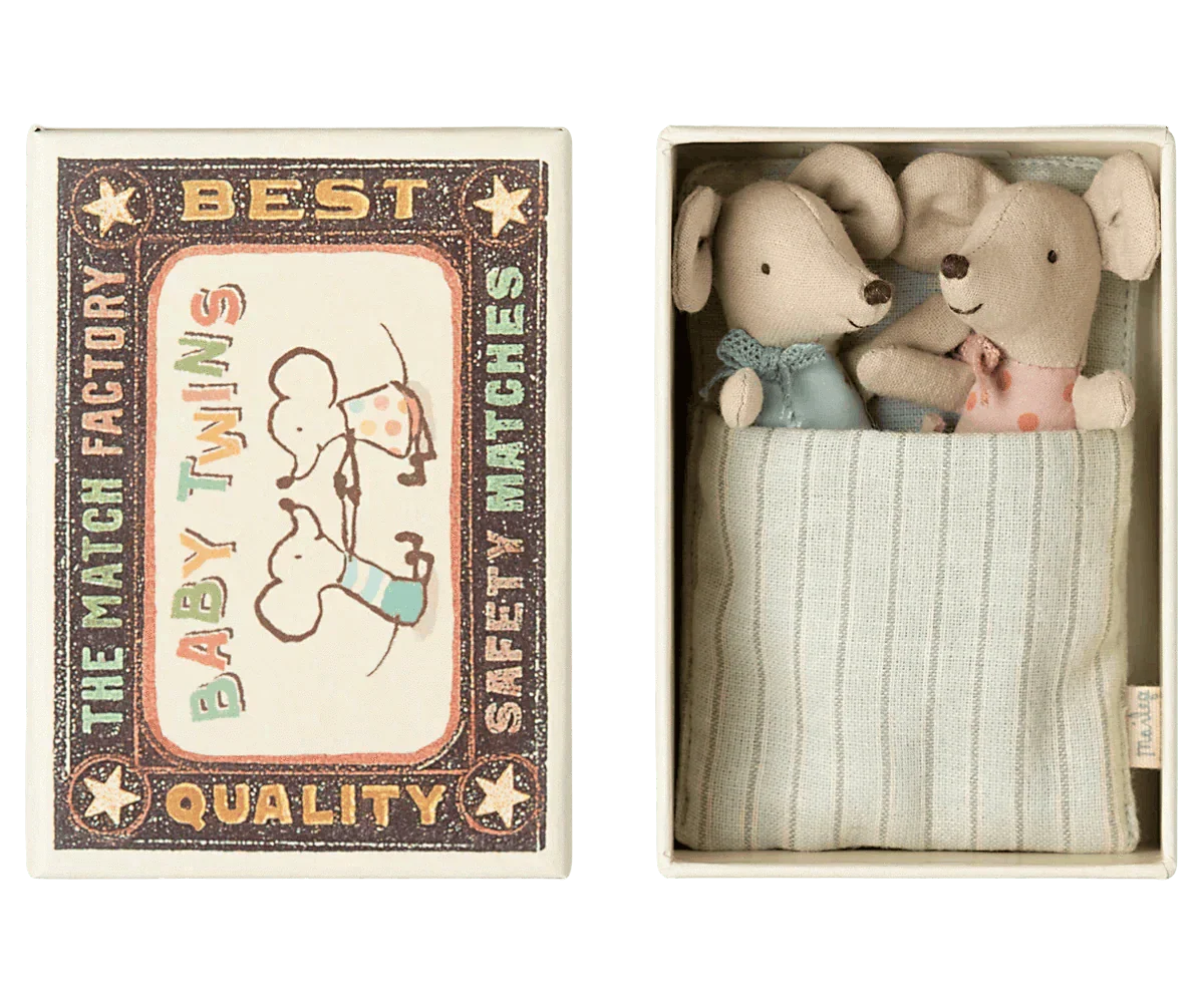 Maileg Twins, Baby Mice in Matchbox Stars/Dots