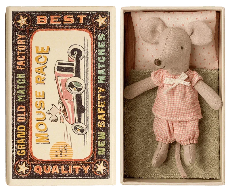 Maileg Princess Mouse, Little sister in Matchbox - Gingham Set