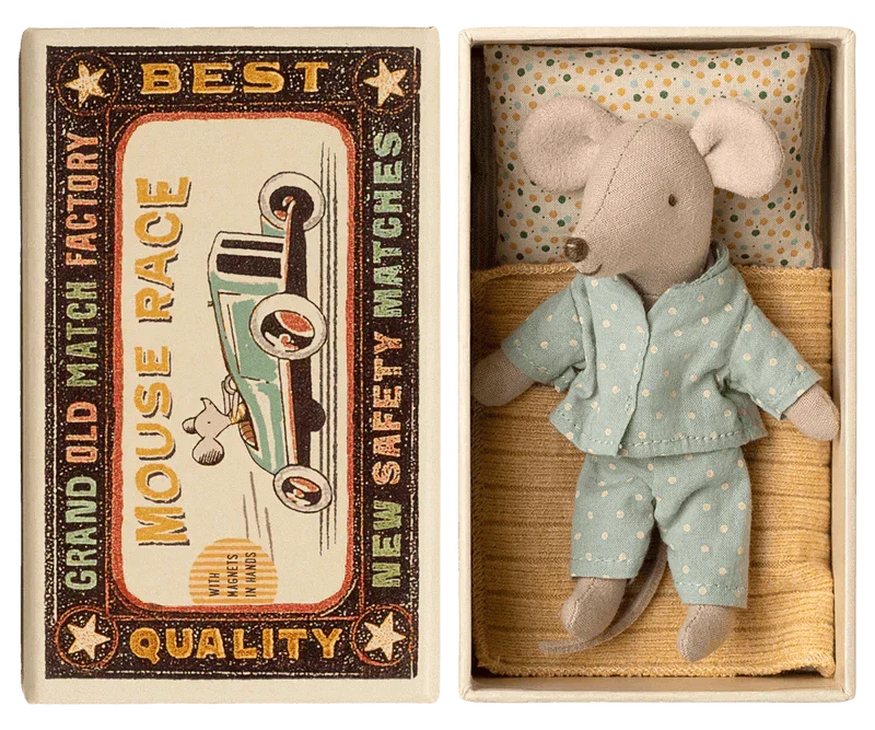 Maileg Princess Mouse, Little Brother in Matchbox - Dot PJ Set